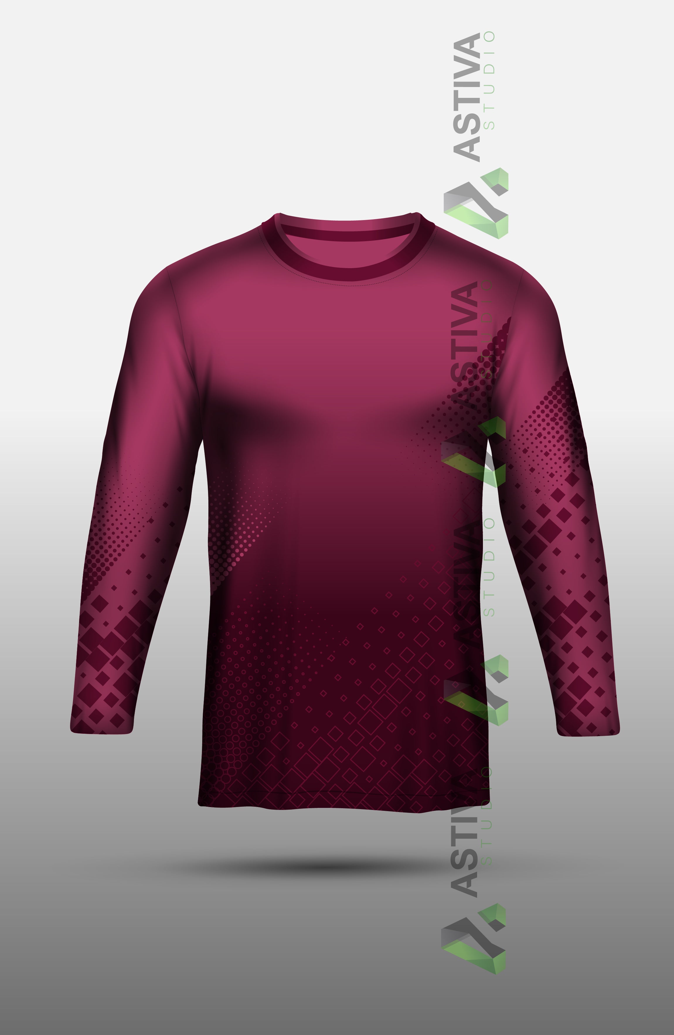 Modern Long Sleeve Sports Jersey Design – Maroon Athletic Shirt with Abstract Geometric Pattern