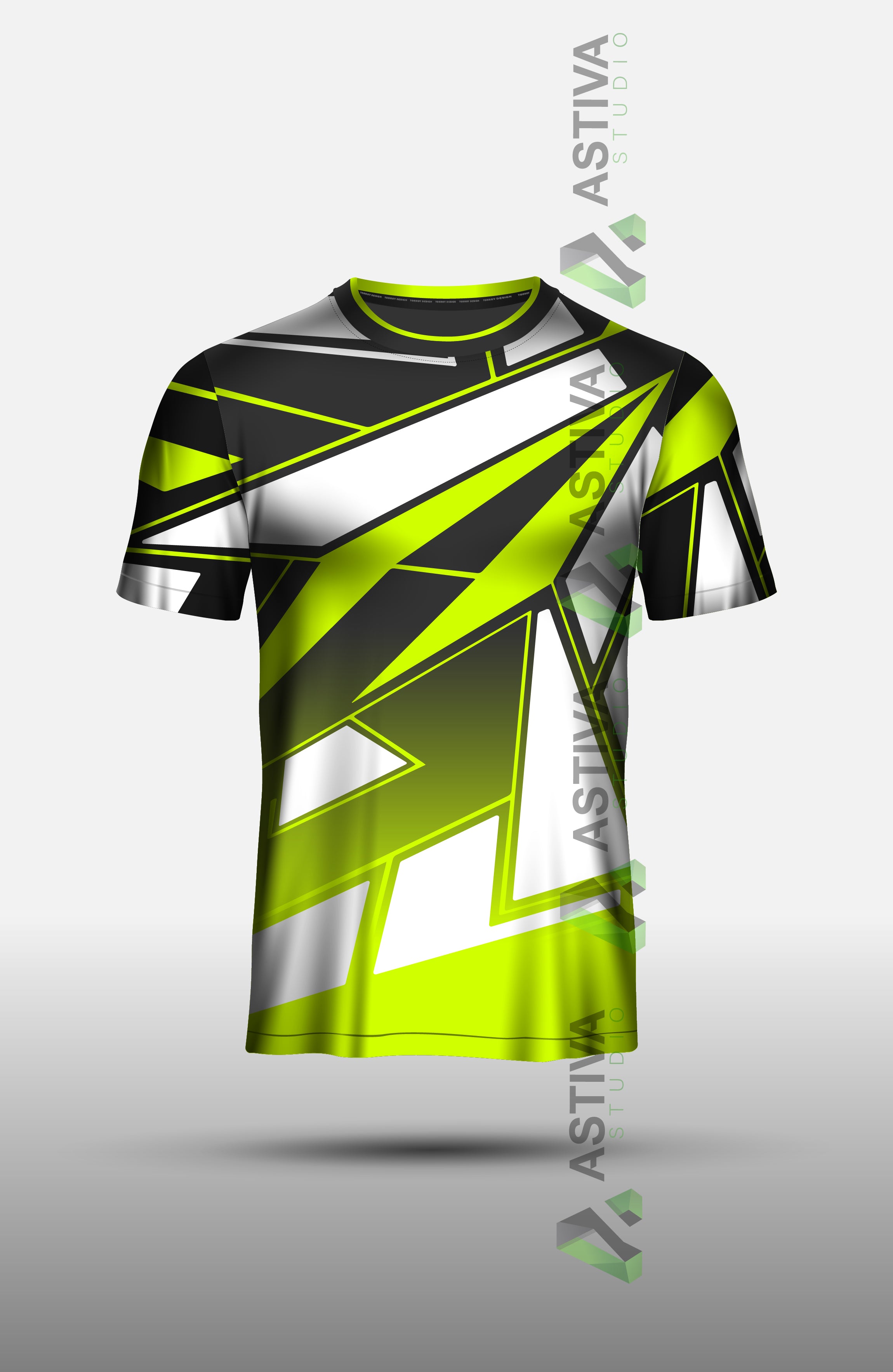 Futuristic Sports Jersey Design – Neon Green and Black Geometric Pattern Athletic T-Shirt