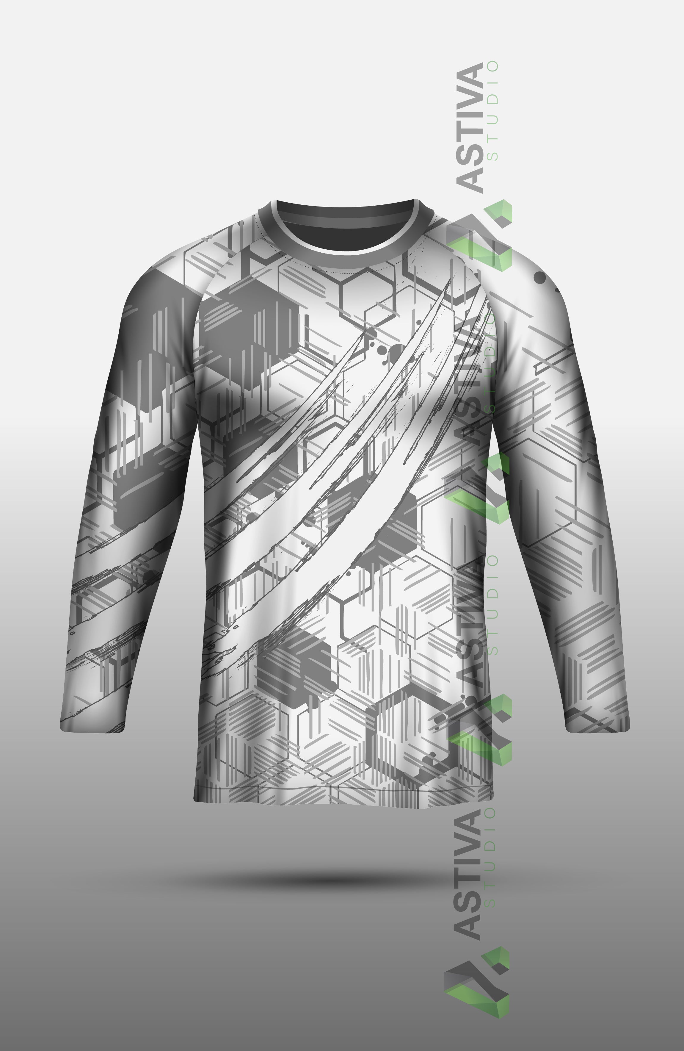 Modern Athletic Jersey Mockup – Long Sleeve Sportswear Template with Abstract Hexagonal Design