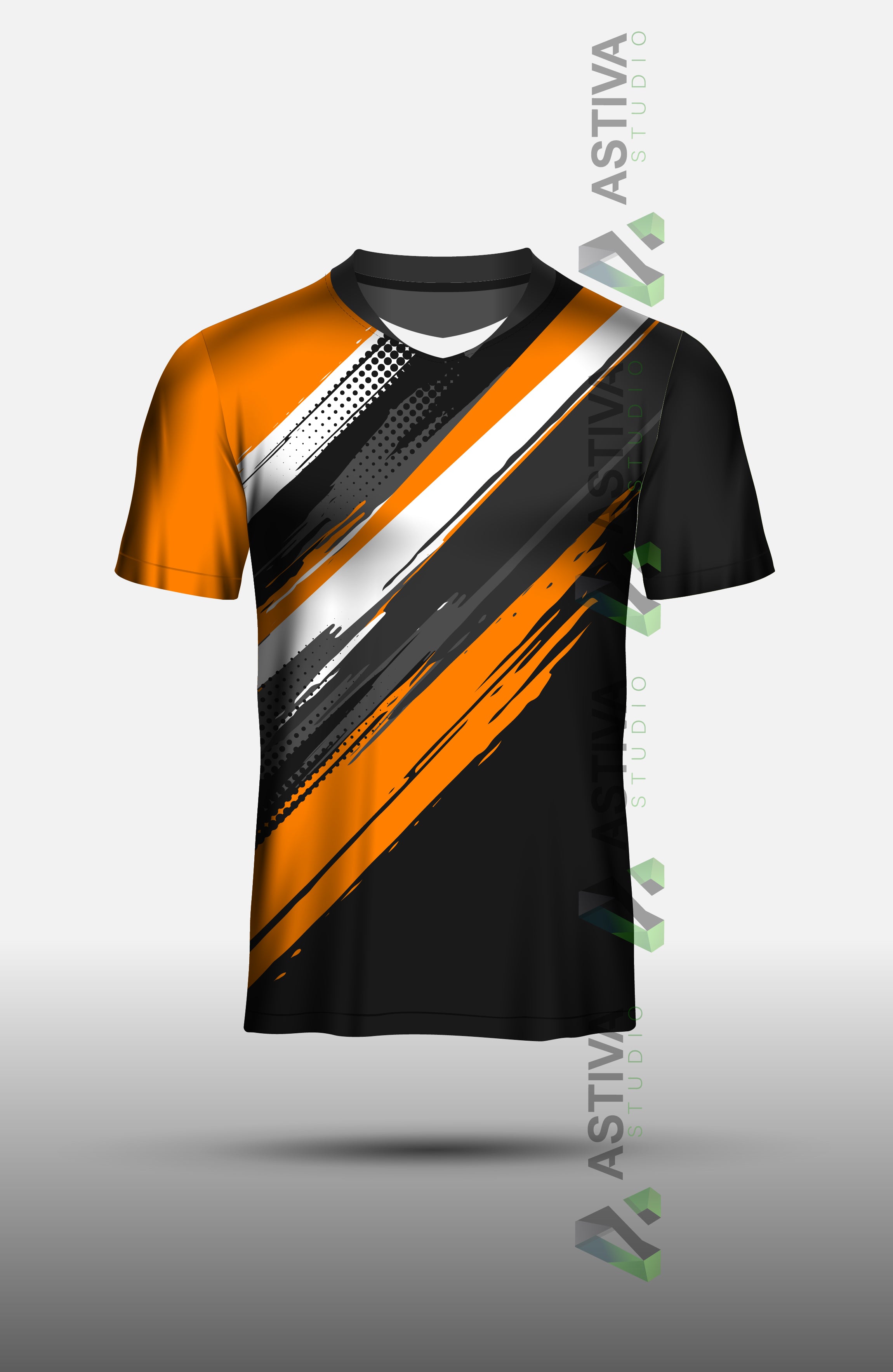 Futuristic Orange and Black Sportswear Design with Diagonal Stripes and Brush Texture